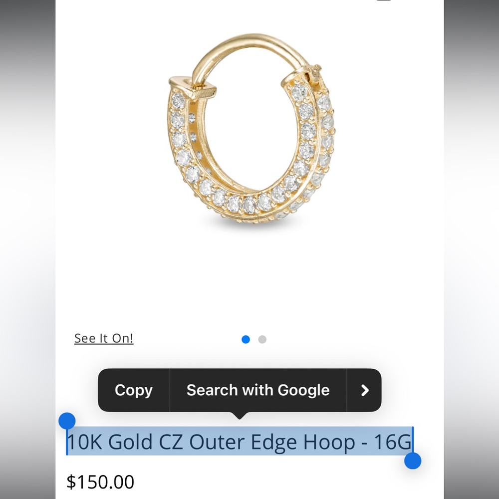 Nose Ring 10K Gold CZ Outer Edge Hoop - 16G